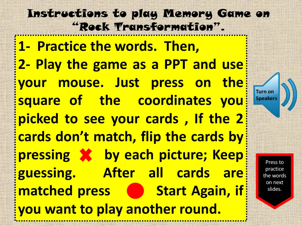 Memory game instructions: practice words, select cards, flip mismatches with X, and restart after matching