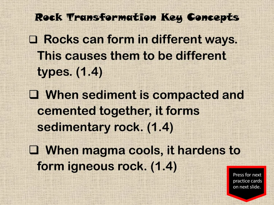 First key concepts slide explains rock types, sediment compaction and cementation, and magma cooling
