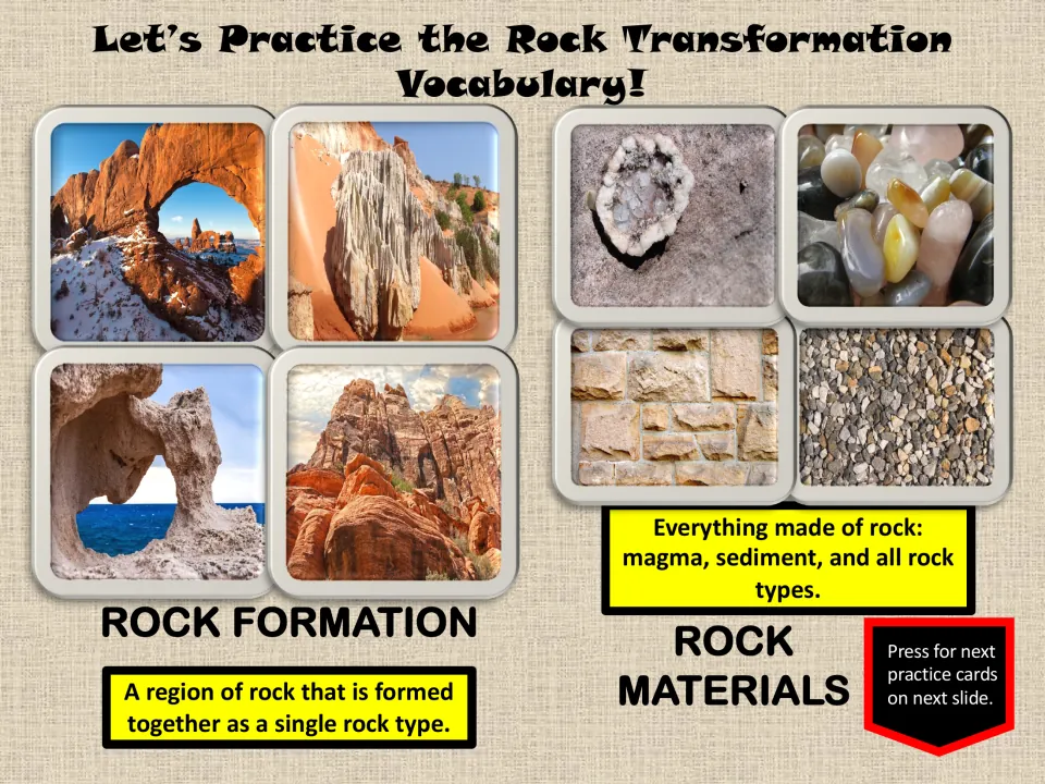 Vocabulary practice slide defines rock formation and rock materials, with photos illustrating both terms