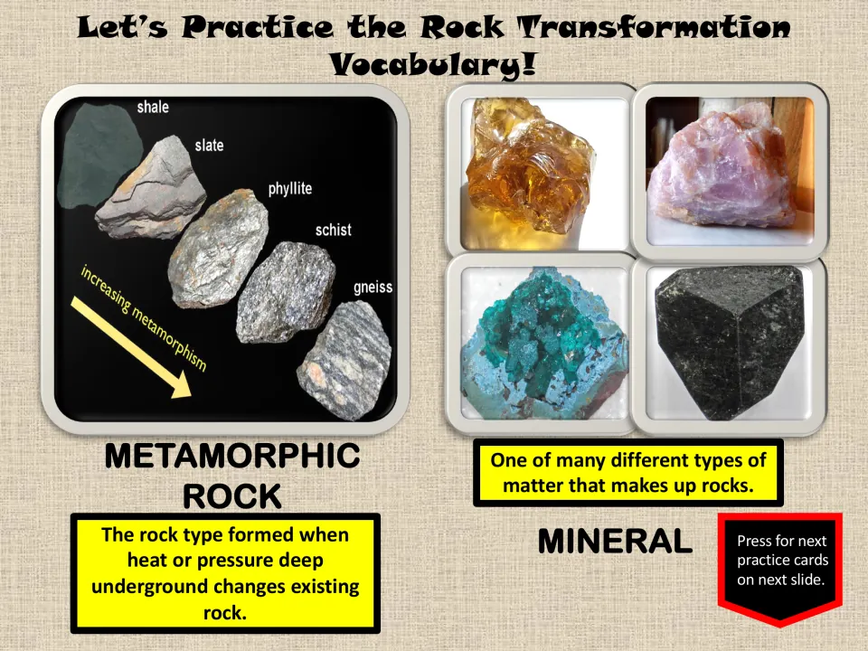 Vocabulary practice slide defines metamorphic rock and mineral, with a metamorphism sequence and mineral photos