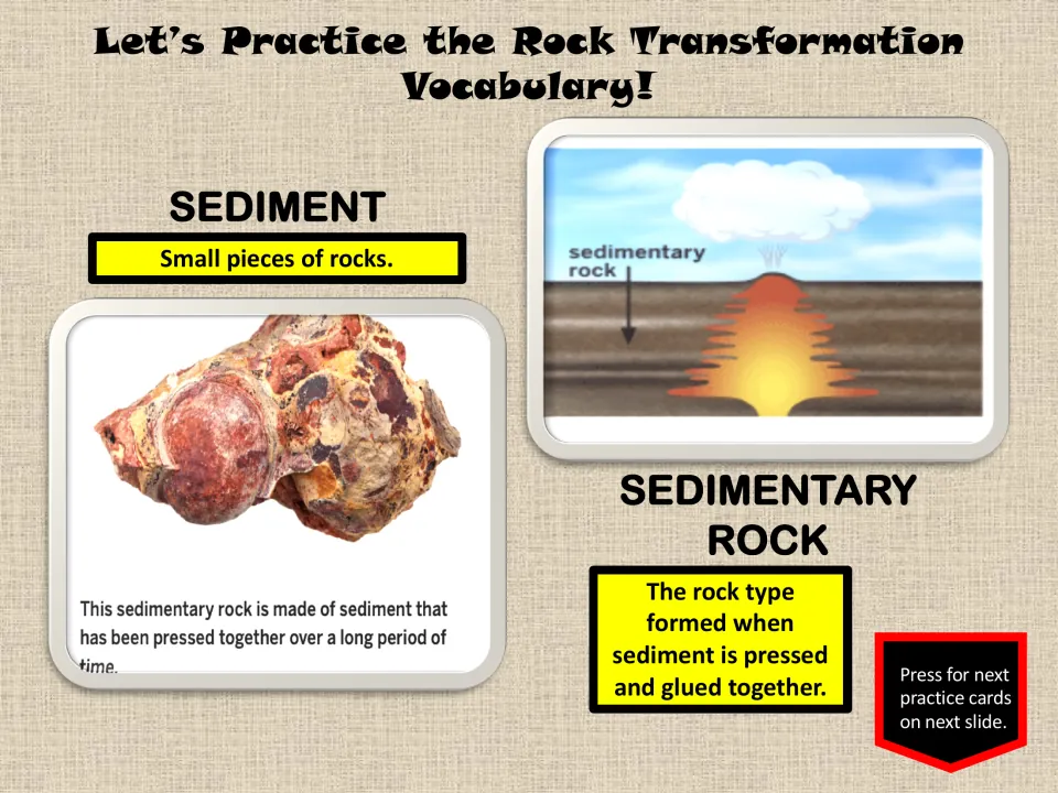 Vocabulary practice slide defines sediment as small rock pieces and sedimentary rock as pressed and glued sediment