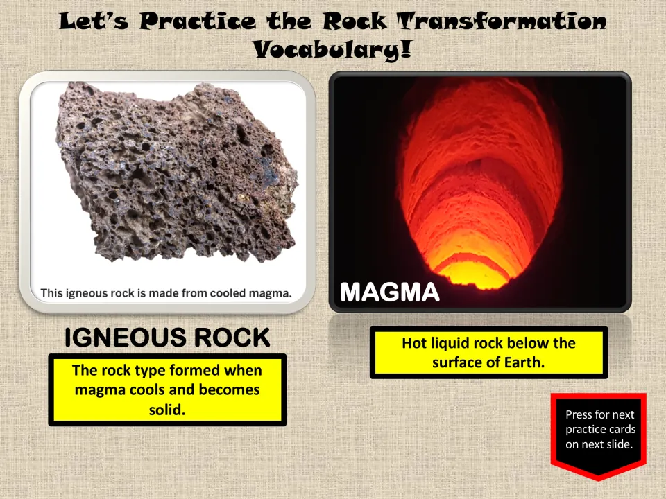 Vocabulary practice slide defines igneous rock as cooled, solidified magma and magma as hot liquid rock underground