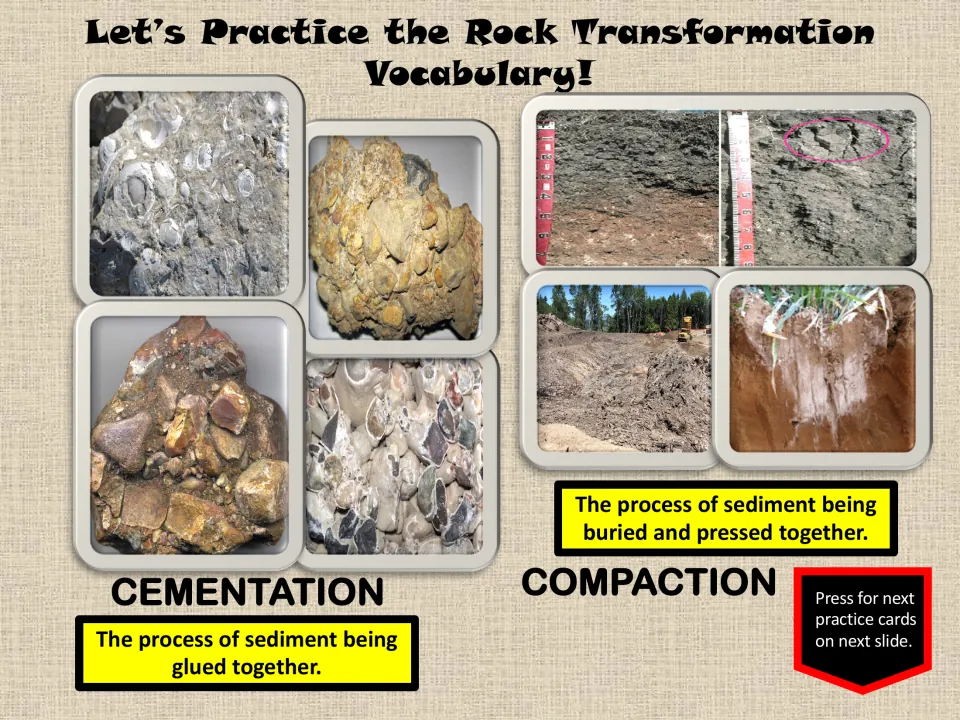 Vocabulary practice slide defines cementation as sediment being glued together and compaction as burial and pressing