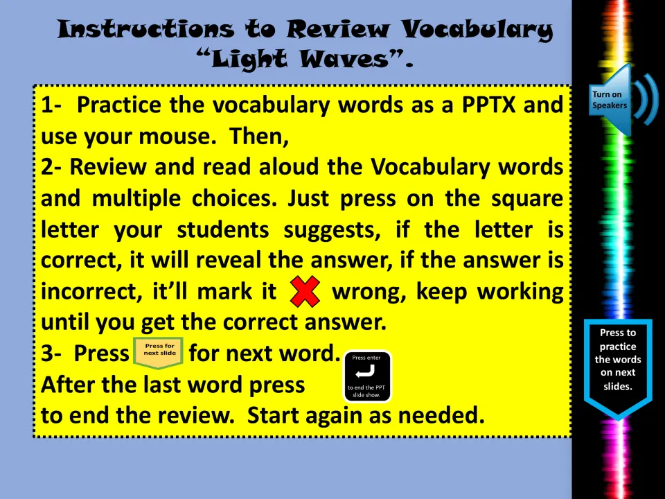 Review instructions: practice vocabulary, read choices aloud, click a letter, and retry incorrect answers
