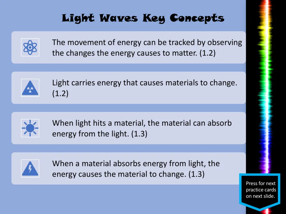 First key concepts slide: light carries energy, materials absorb it, and absorbed energy causes changes