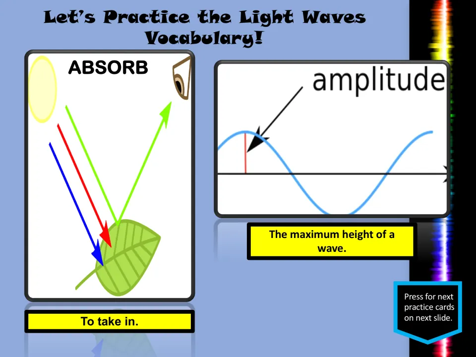 Vocabulary practice slide defining absorb as taking in and amplitude as the maximum height of a wave