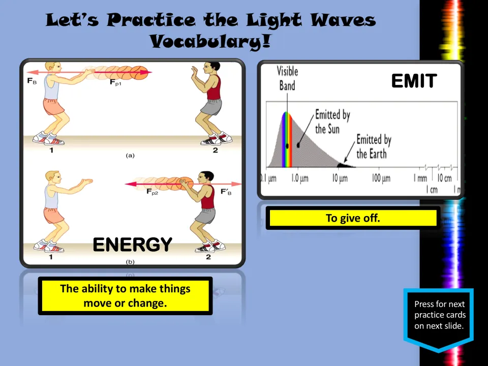 Vocabulary practice slide defining energy as the ability to make things move or change and emit as give off
