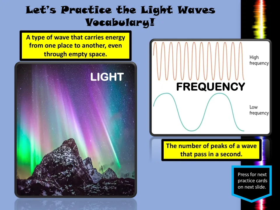Vocabulary practice slide defining light as an energy-carrying wave and frequency as wave peaks per second