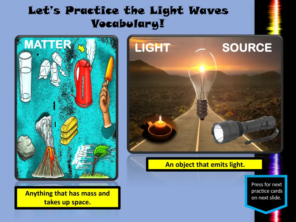 Vocabulary practice slide defining matter as having mass and taking up space, and a light source as emitting light