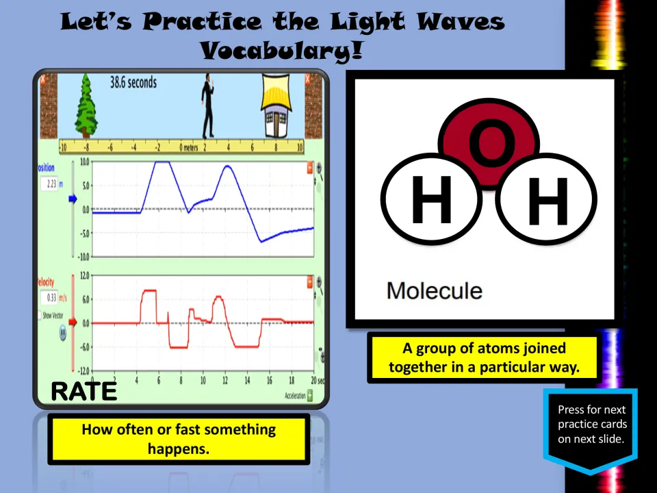 Vocabulary practice slide defining rate as how often or fast something happens and molecule as joined atoms