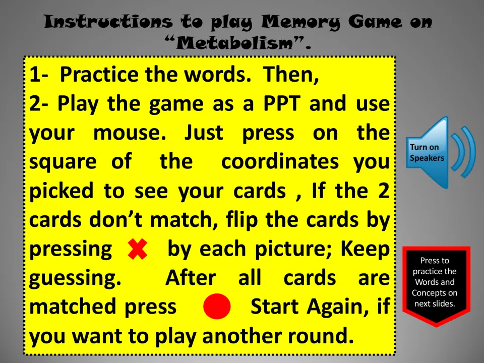 Memory game instructions: practice words, select two cards, flip unmatched cards back, and restart after matching