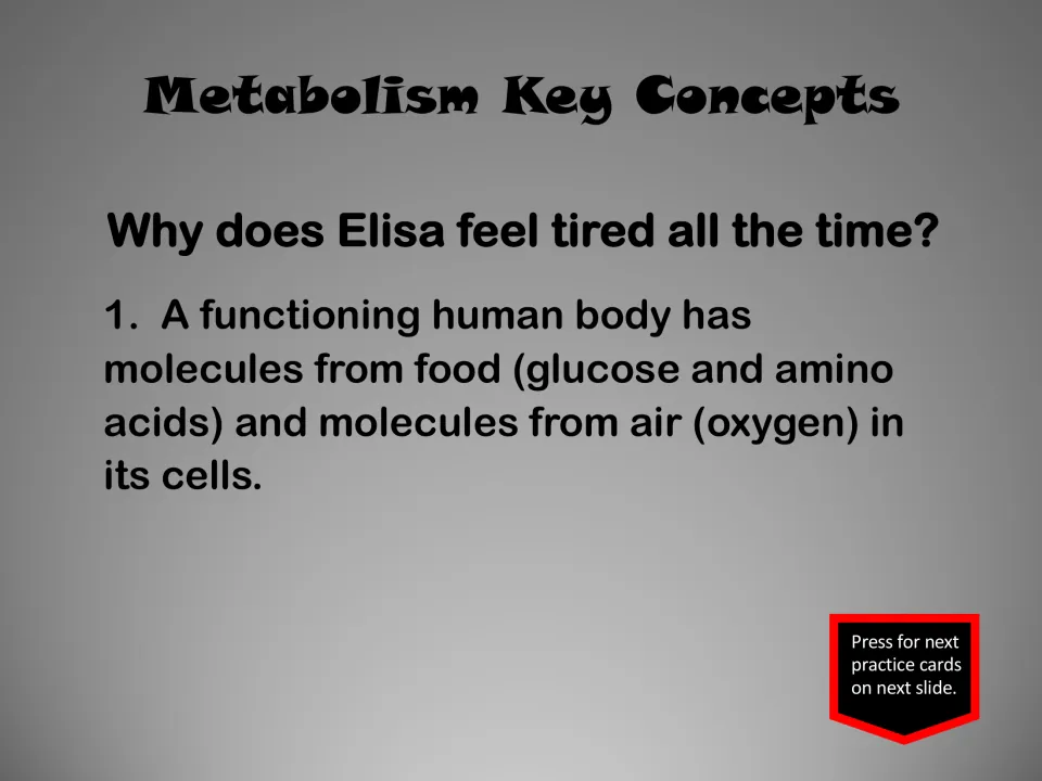 Metabolism concept slide asks why Elisa feels tired and identifies glucose, amino acids, and oxygen in cells