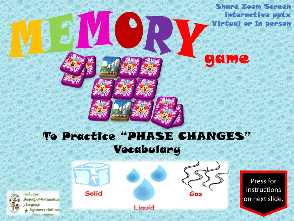 Memory game cover introducing phase changes vocabulary, with labeled pictures of solid, liquid, and gas