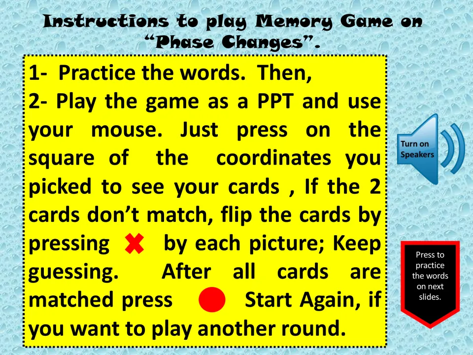 Memory game instructions: practice words, click to reveal cards, hide mismatches, and restart after matching