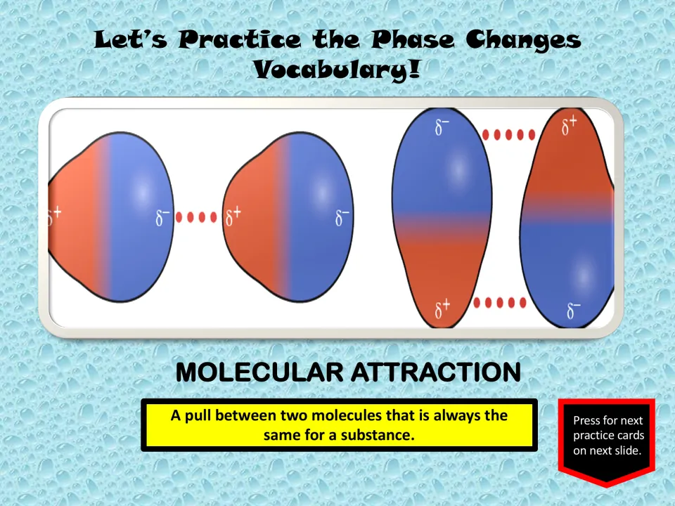 Molecular attraction vocabulary slide describes a pull between two molecules and shows positive and negative charges
