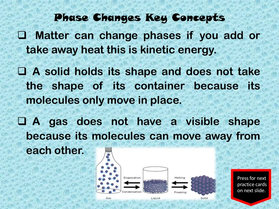Second key-concept slide covers heat, molecular motion in solids and gases, and a diagram of phase changes
