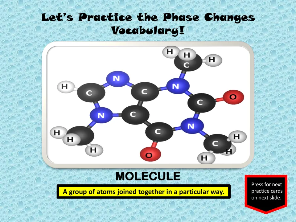 Molecule vocabulary slide defines a group of atoms joined in a particular way and shows a labeled molecular model