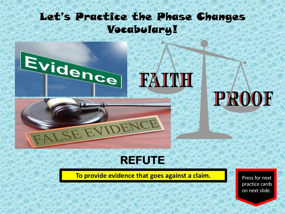 Refute vocabulary slide defines providing evidence against a claim, illustrated with evidence and proof imagery