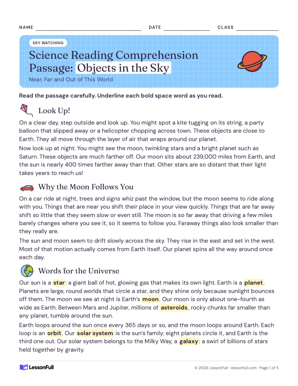 Objects in the Sky passage on near and far objects, why the moon seems to follow you, and space vocabulary