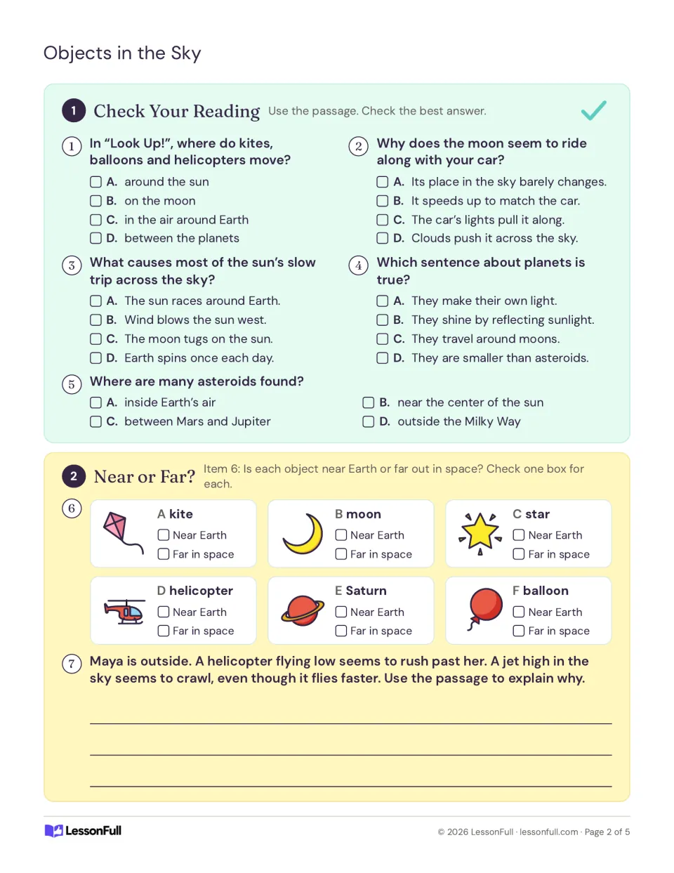 Check Your Reading multiple choice and Near or Far, sorting kite, moon, star, helicopter, Saturn and balloon
