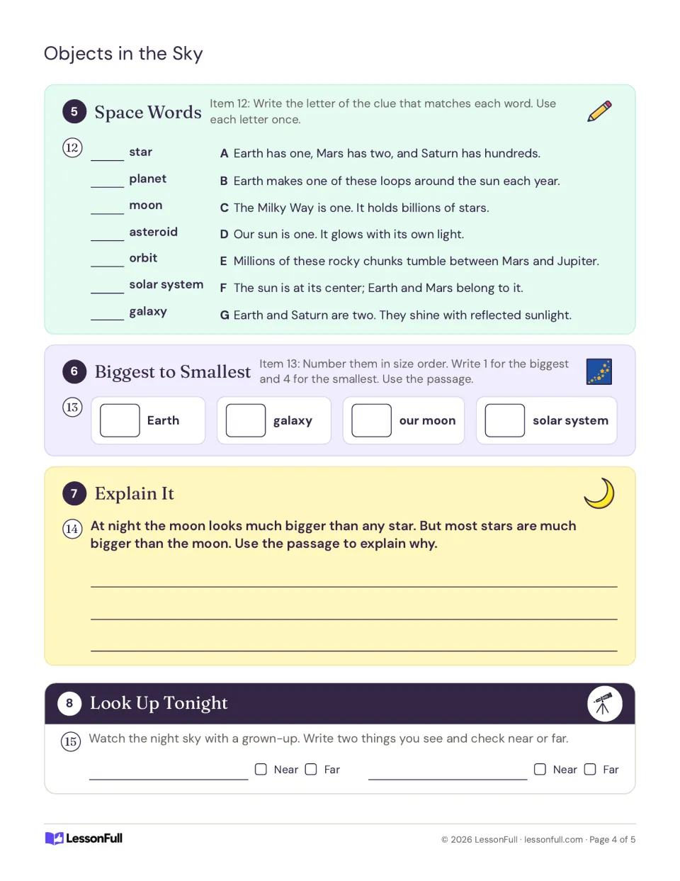 Space Words matching, Biggest to Smallest ordering, an Explain It on star size, and a Look Up Tonight log