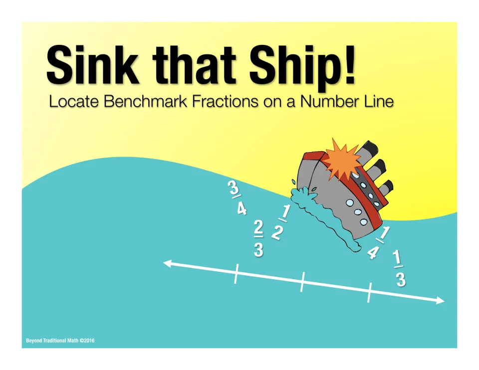 Sink that Ship! cover: sinking ship over a number line labeled with benchmark fractions 1/4, 1/3, 1/2, 2/3 and 3/4