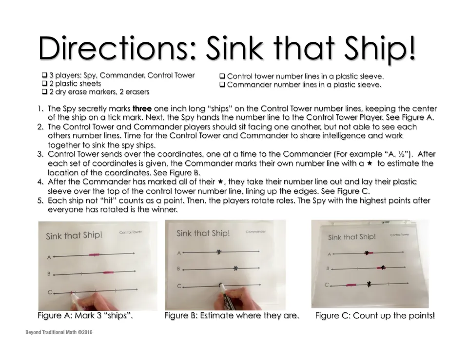 Game directions: Spy, Commander and Control Tower take turns marking, estimating and sinking fraction ships on number lines
