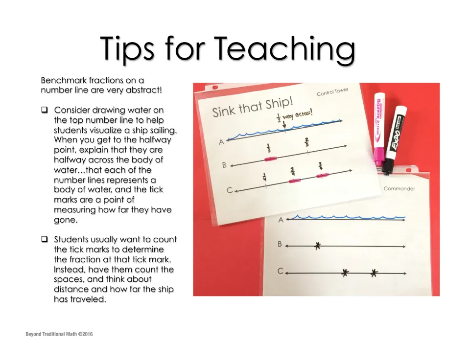 Teaching tips for benchmark fractions: draw water on the number line and have students count spaces, not tick marks