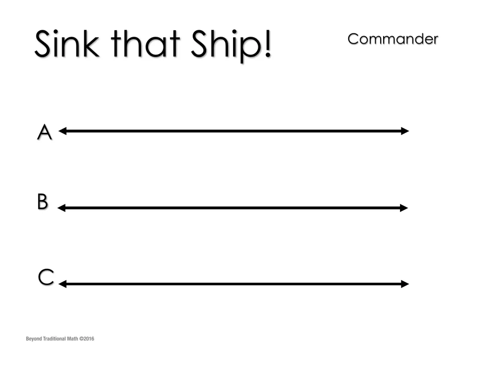 Commander game board: three blank number lines A, B and C with no tick marks for estimating ship locations with a star