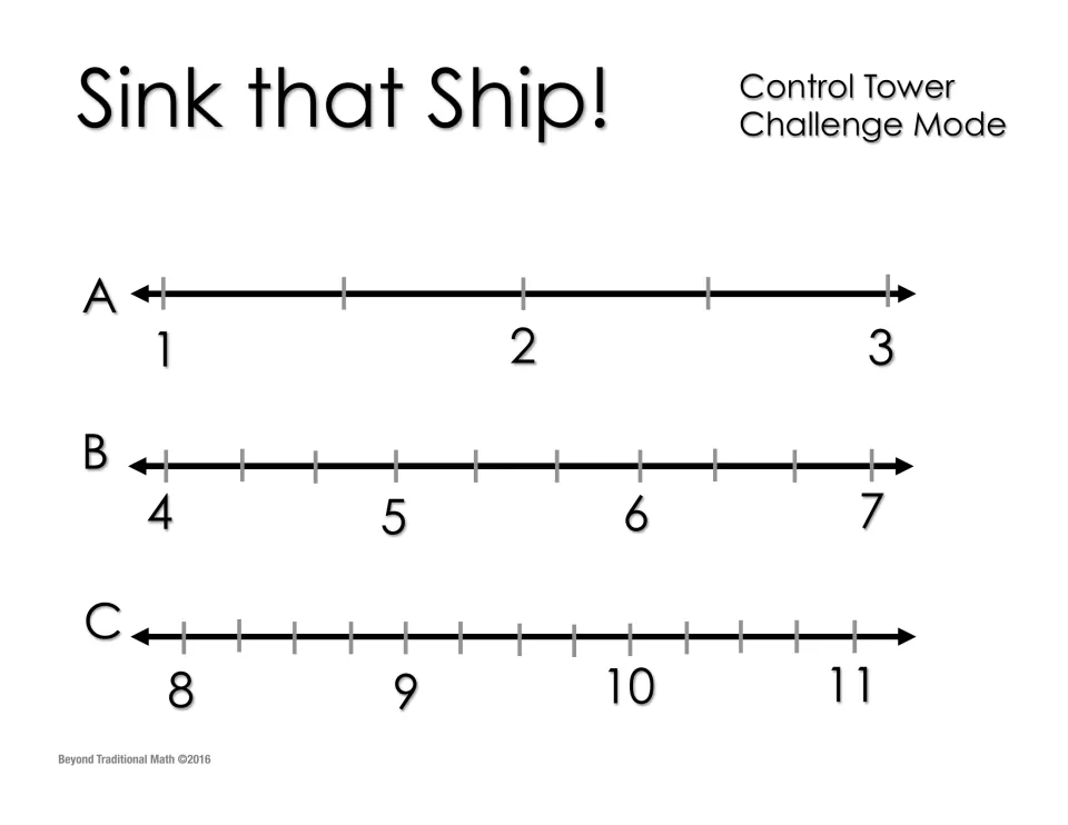 Challenge mode Control Tower board: number lines from 1 to 3, 4 to 7 and 8 to 11 with fraction tick marks between