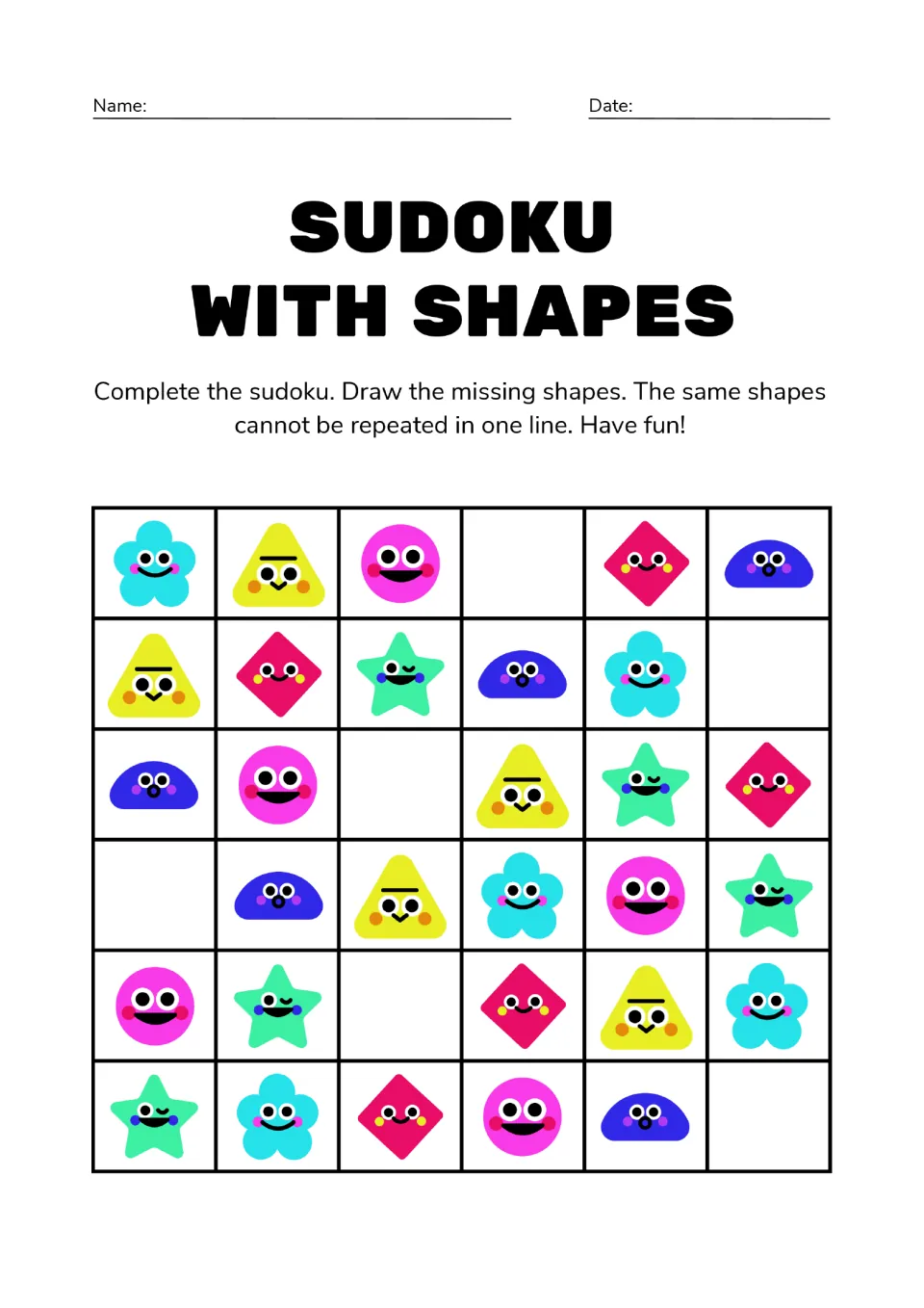 Sudoku with Shapes: students draw the 6 missing shapes so no smiling shape repeats in any line of the 6 by 6 puzzle