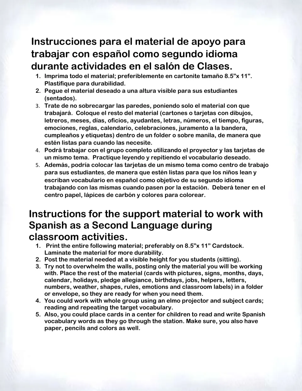 Bilingual setup instructions: print on cardstock, laminate, post at eye level and use cards in whole-group or centers