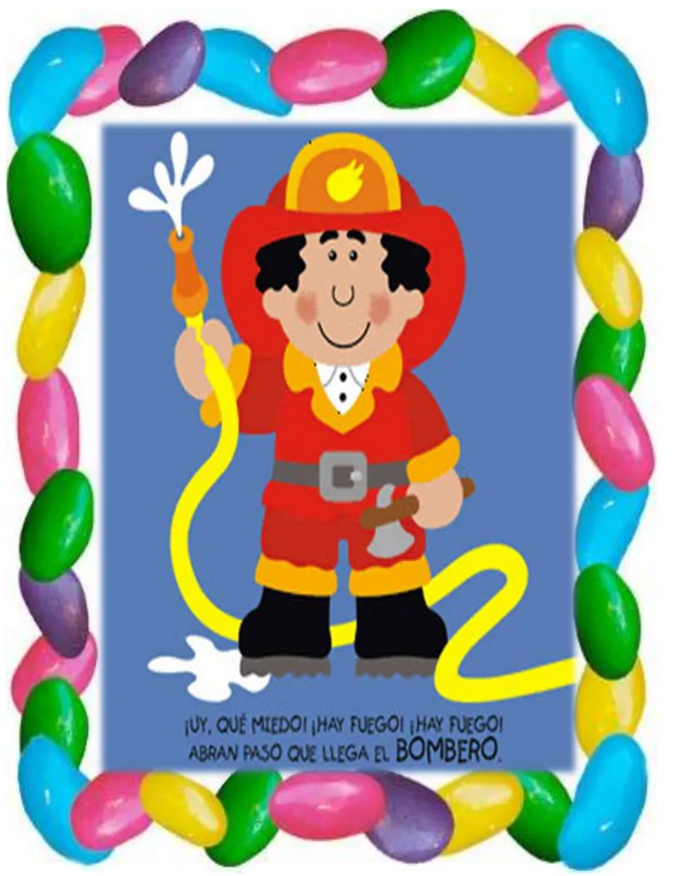 Community helper poster: firefighter with hose and a Spanish rhyme naming el bombero, for jobs vocabulary