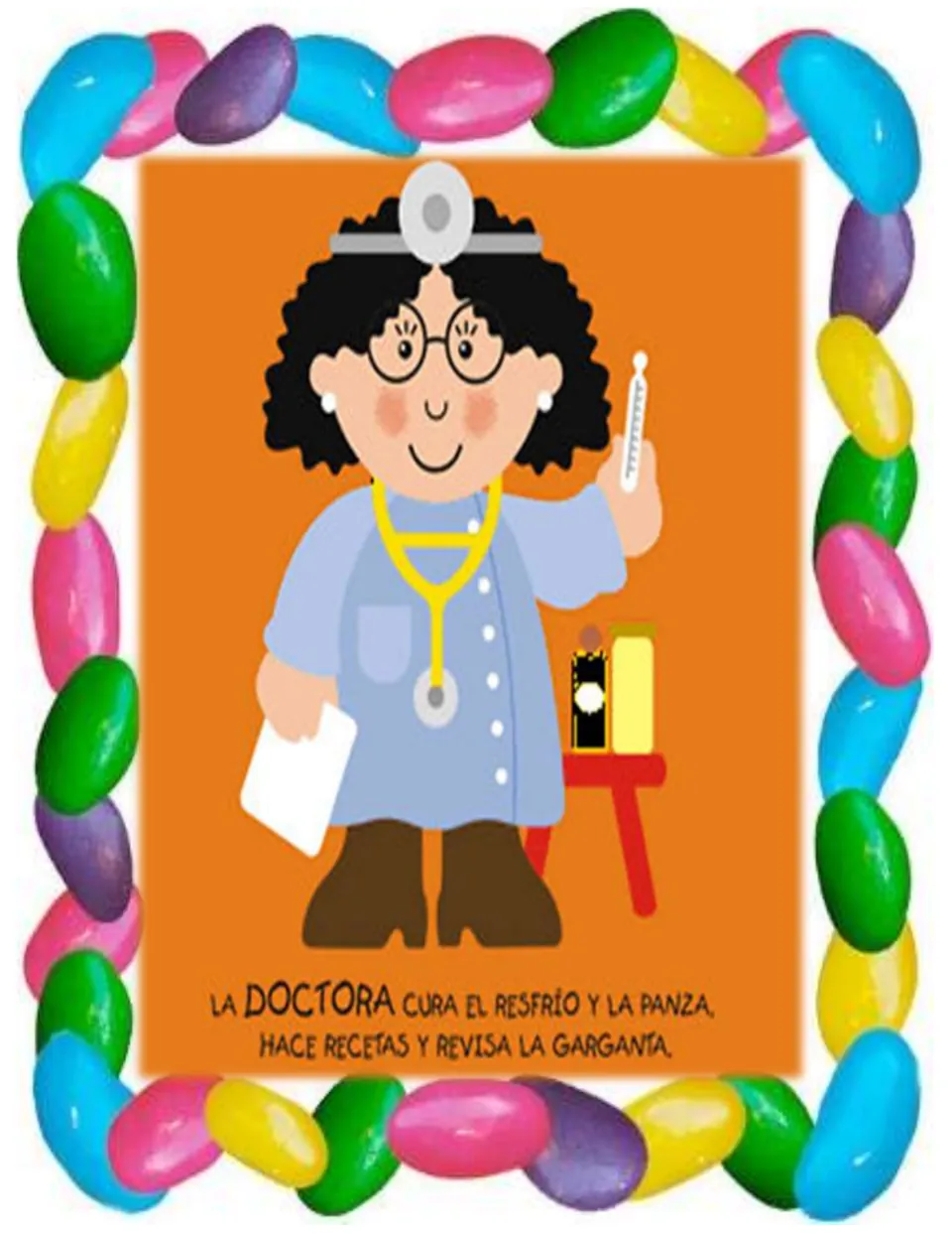 Community helper poster: doctor with stethoscope and thermometer; Spanish rhyme names la doctora and her tasks