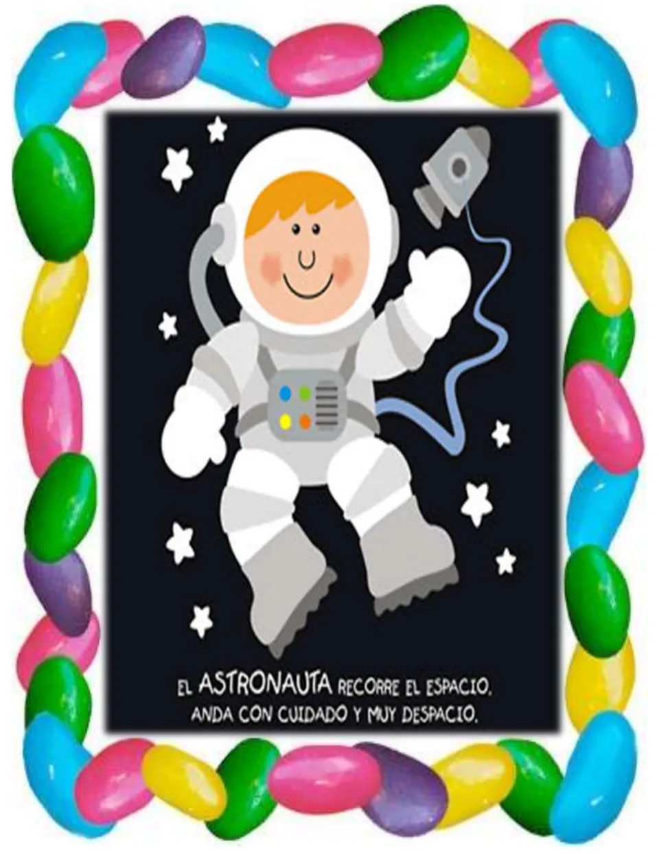 Community helper poster: astronaut floating in space with a Spanish rhyme about el astronauta moving slowly
