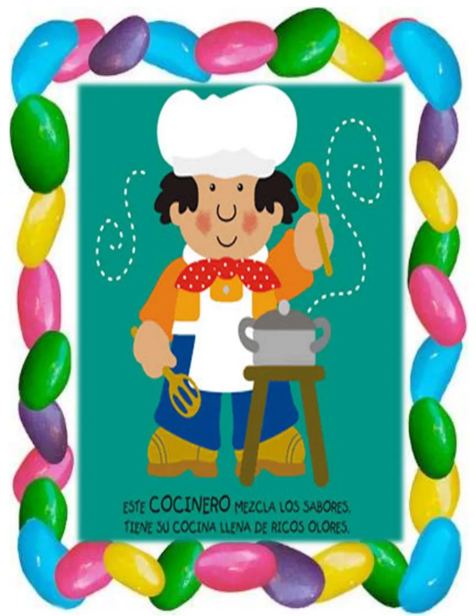 Jobs poster: cook with a whisk, spoon and pot; Spanish rhyme about el cocinero mixing flavors in his kitchen