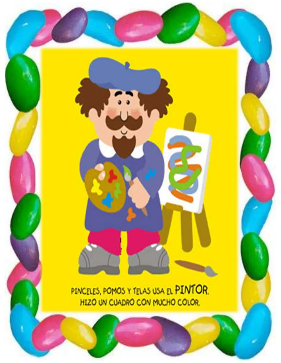 Jobs poster: painter with palette and easel; Spanish rhyme says el pintor uses brushes, paint tubes and canvas
