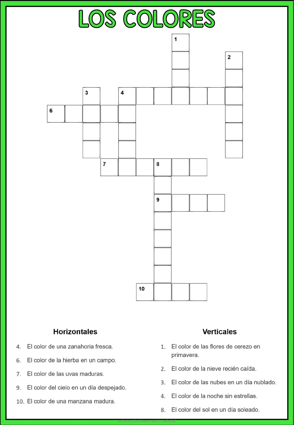 Los colores crossword: students read 10 Spanish clues, such as the color of a fresh carrot, and write each color word
