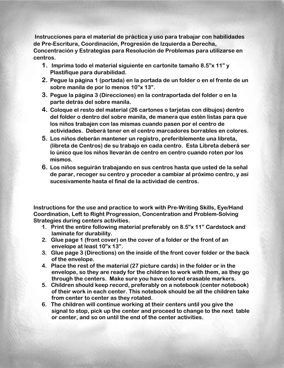 Teacher setup steps in Spanish and English: print on cardstock, laminate, glue cover and directions in a folder