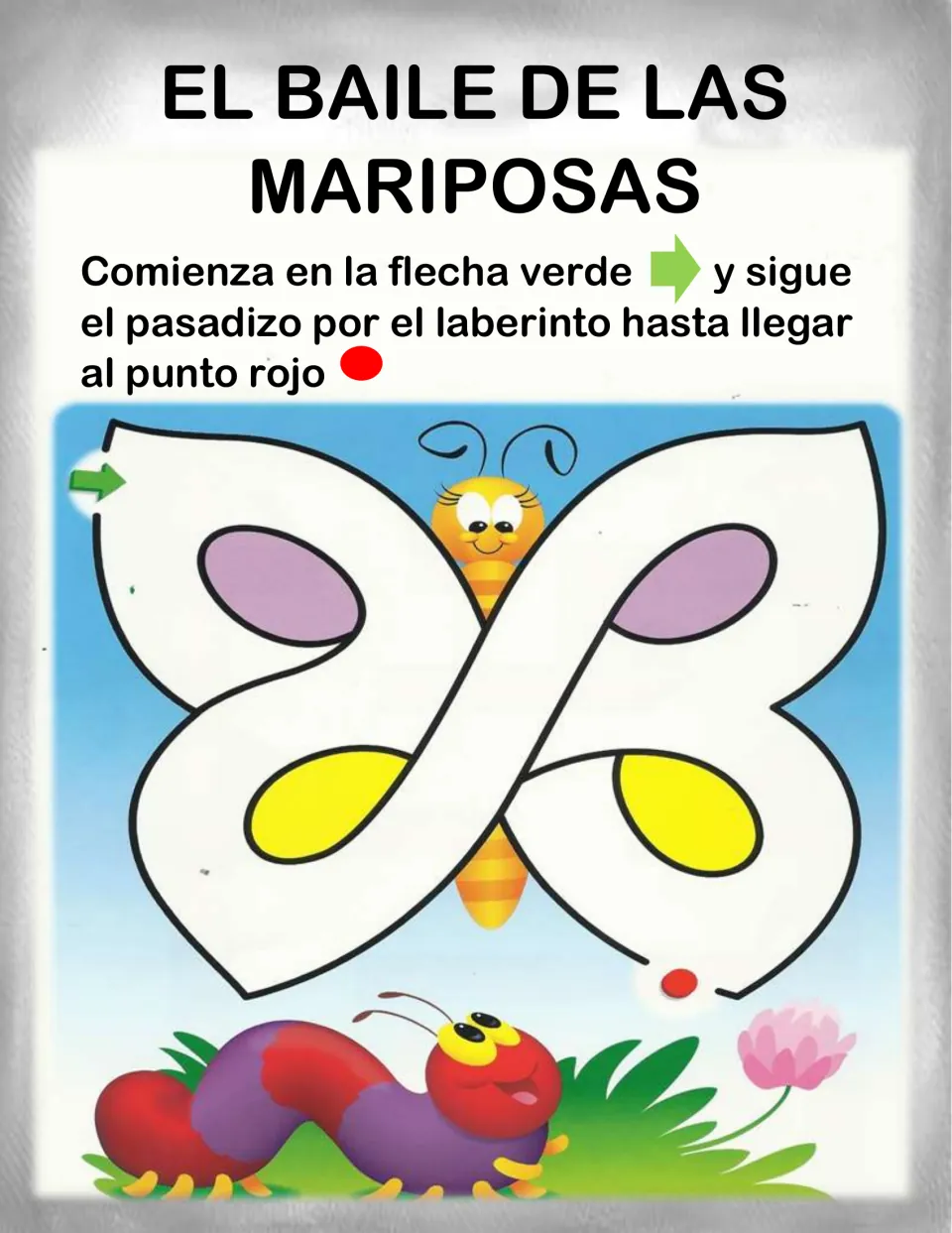 El baile de las mariposas: students trace a looping path along a butterfly's wings from the green arrow to the red dot