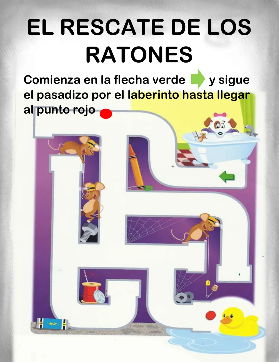 El rescate de los ratones: students guide the route through pipes past mice from a bathtub arrow down to a rubber duck