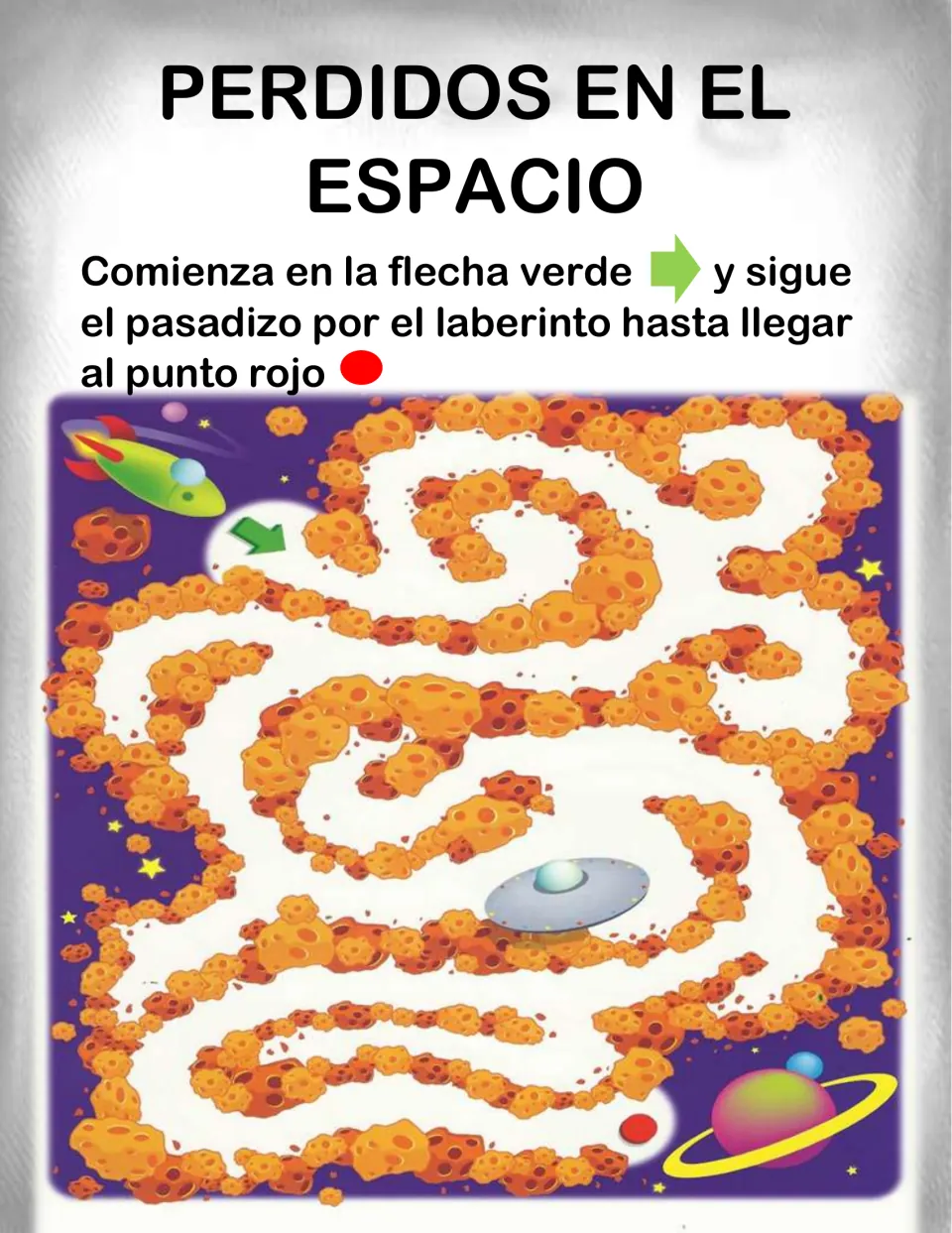 Perdidos en el espacio: students steer from a rocket along a winding path between asteroids past a UFO to the red dot