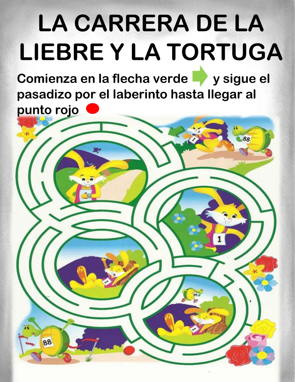 La carrera de la liebre y la tortuga: students trace ring paths past race scenes to the tortoise at the finish line
