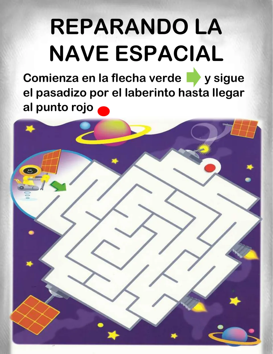 Reparando la nave espacial: students lead a robot through a diamond-shaped maze from the green arrow to the red dot