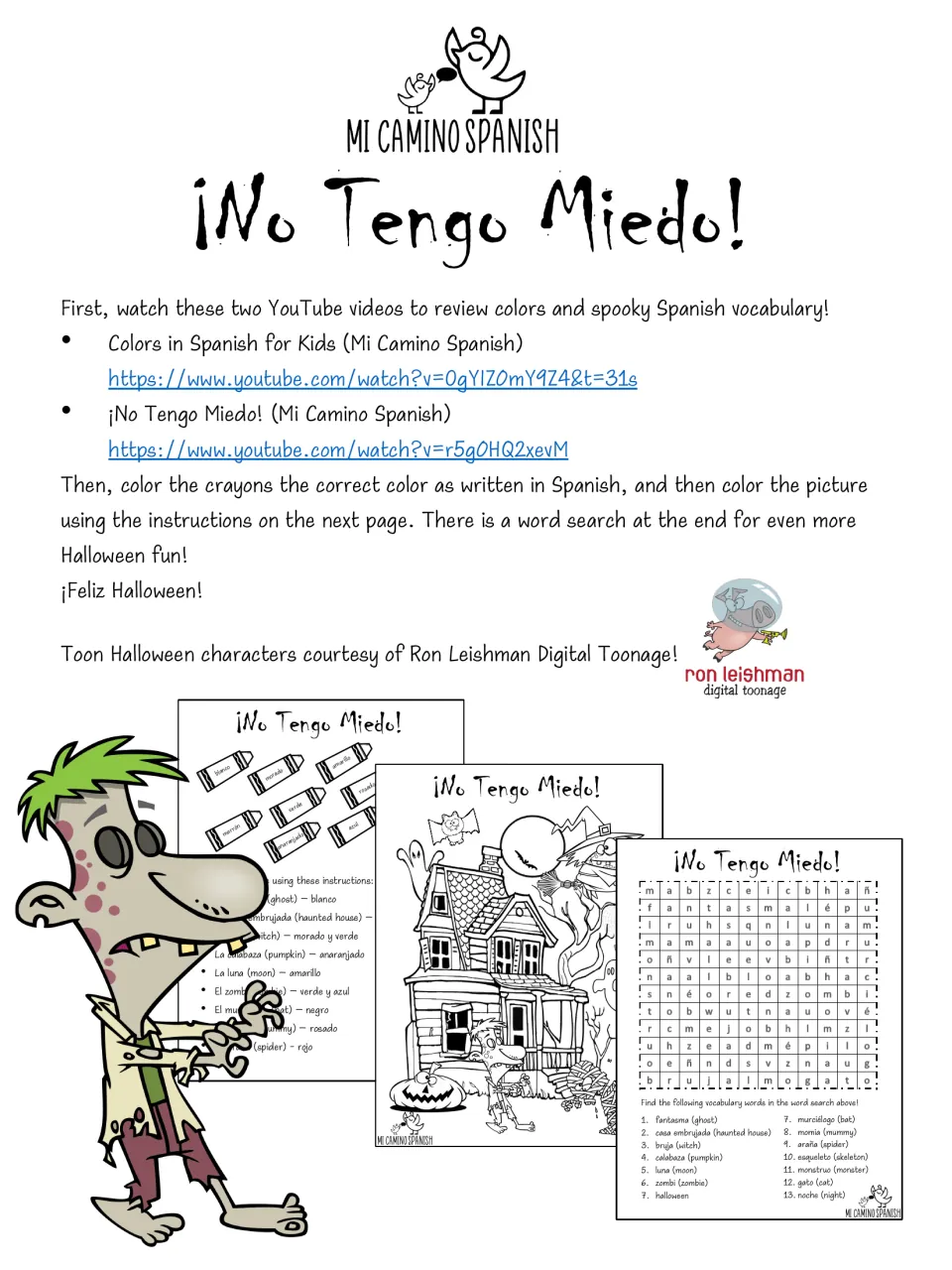 ¡No Tengo Miedo! cover: links to two Spanish color and Halloween videos, then steps for crayons, coloring and word search