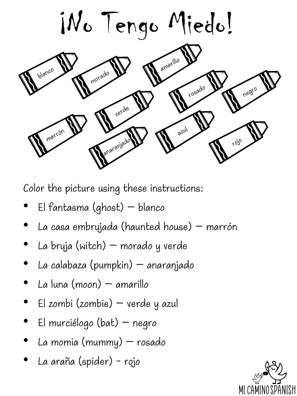 Spanish color words: students color 10 crayons as labeled, then read a key for coloring the ghost, witch, bat and more