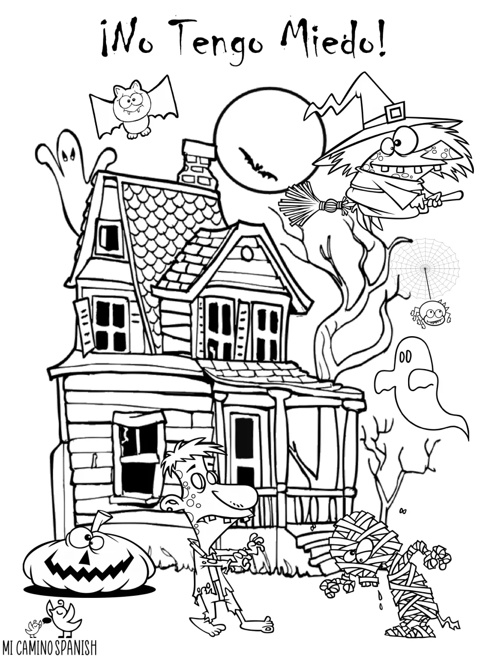 Halloween coloring scene: haunted house, ghosts, witch, bat, moon, spider, zombie, mummy and pumpkin to color from the key