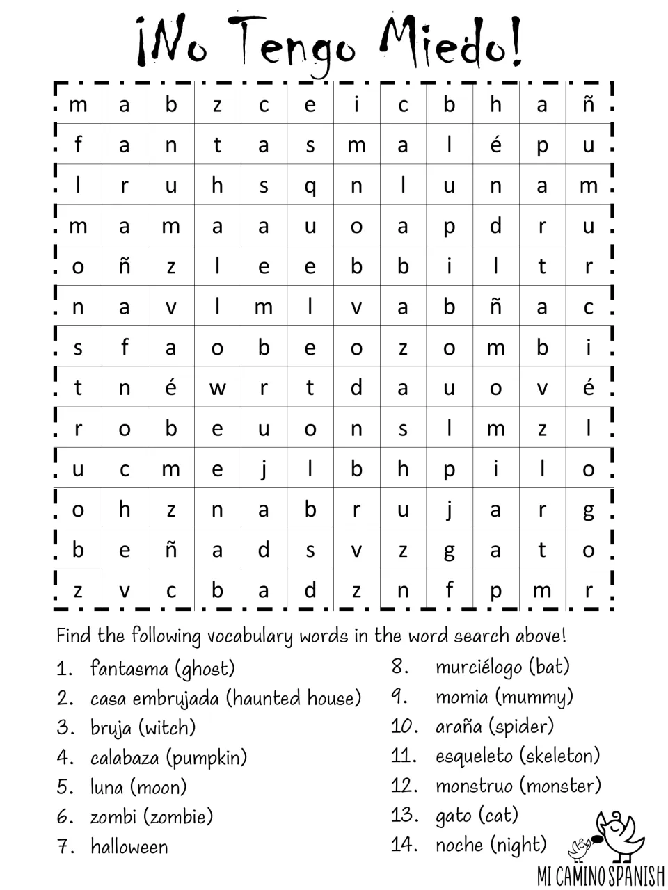 Spanish Halloween word search: students find 14 words such as fantasma, bruja, calabaza, esqueleto and noche