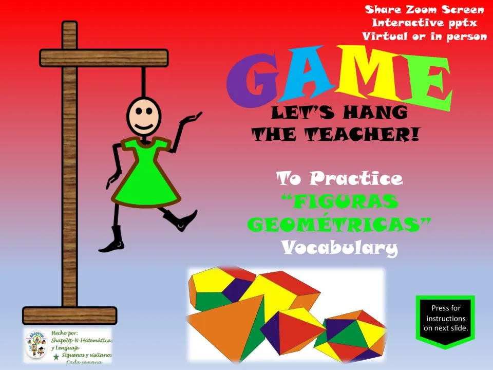 Cover of a Spanish geometry vocabulary hangman game for interactive PowerPoint play online or in person