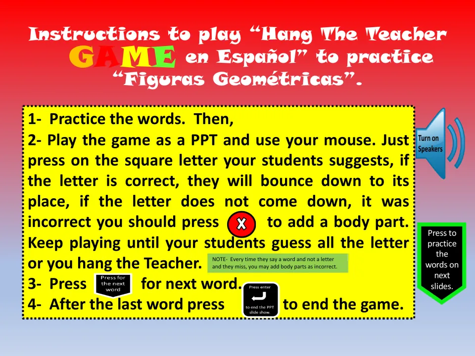 Game instructions: practice Spanish shape words, click guessed letters, and press X to add a body part